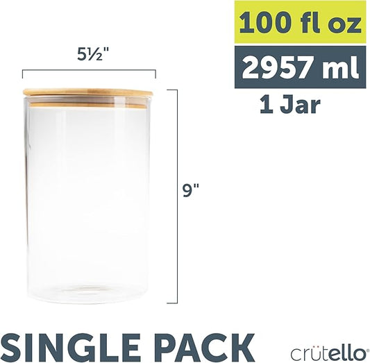 Crutello Glass Food Storage Container with Bamboo Lid - 100 oz Airtight Clear Kitchen Organization Canister