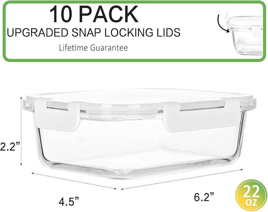 M MCIRCO [10-Pack,22 Oz Glass Meal Prep Containers,Glass Food Storage Containers with lids,Glass Lunch Containers,Microwave, Oven, Freezer and Dishwasher, White