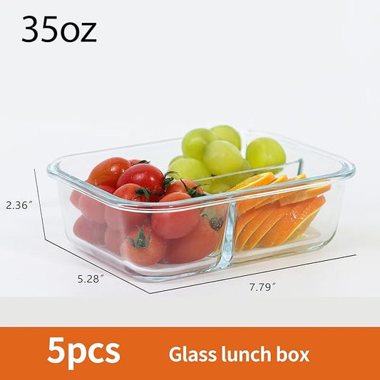 5 Pack 35 Oz Glass Storage Containers with Lids,Meal Prep Containers Reusable,3 Compartment Glass Meal Prep Containers, Food Storage and Portion Control - White