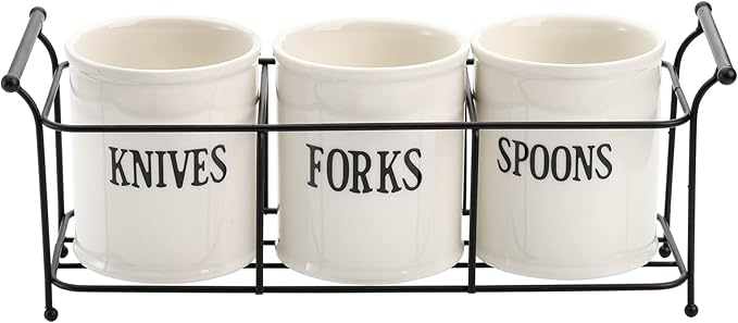 Bekith 3-Piece White Ceramic Silverware Caddy with Black Metal Rack, Utensil Holder Flatware Caddy Cutlery Storage Organizer for Kitchen Table, Cabinet or Pantry