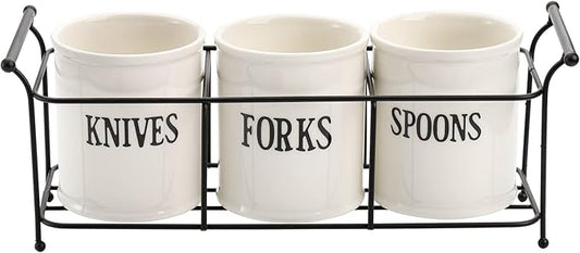 Bekith 3-Piece White Ceramic Silverware Caddy with Black Metal Rack, Utensil Holder Flatware Caddy Cutlery Storage Organizer for Kitchen Table, Cabinet or Pantry