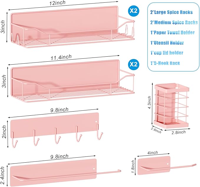 Magnetic Spice Rack for Refrigerator,8 Pack Magnetic Fridge Shelf, Moveable Spice Organizer with Hook Rack, Paper Towel Holder, Utensil Holder,cup lid holder, Super Magnetic Rack Set (Pink)