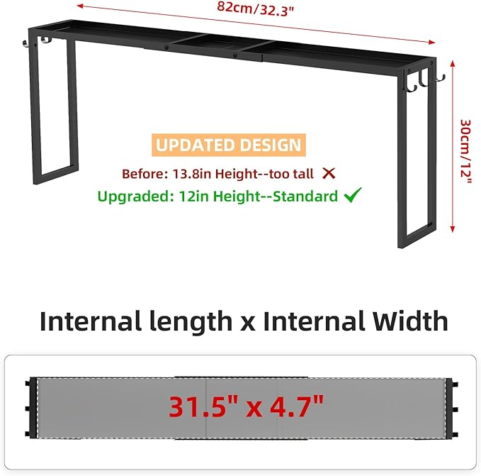 Over the Stove Shelf, 31.5" Stove Top Shelf Spice Rack, Kitchen Countertop Organizer with 6 Hooks, Seasoning Organizer, Black