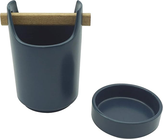 Kitchen Utensil Holder for Flatware, Silverware, Cutlery and Cooking Accessories, Wood and Ceramic, Countertop and Table Caddy (Blue)