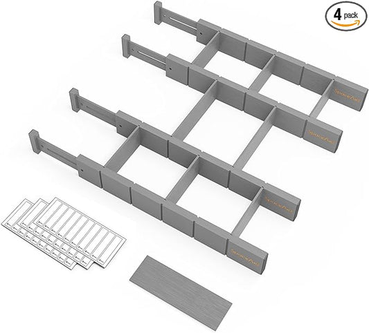 SpaceAid Bamboo Drawer Dividers with Inserts and Labels, Kitchen Adjustable Drawer Organizers, Expandable Organization for Home, Office, Dressers, 4 Dividers with 9 Inserts (17"-22" Gray)