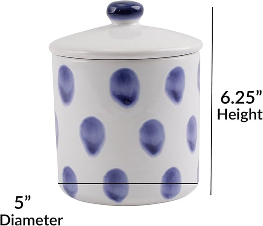 Vietri Viva Santorini White and Blue Dot Small Canister, 5" D Ceramic Earthenware White Canister, Kitchen Canister