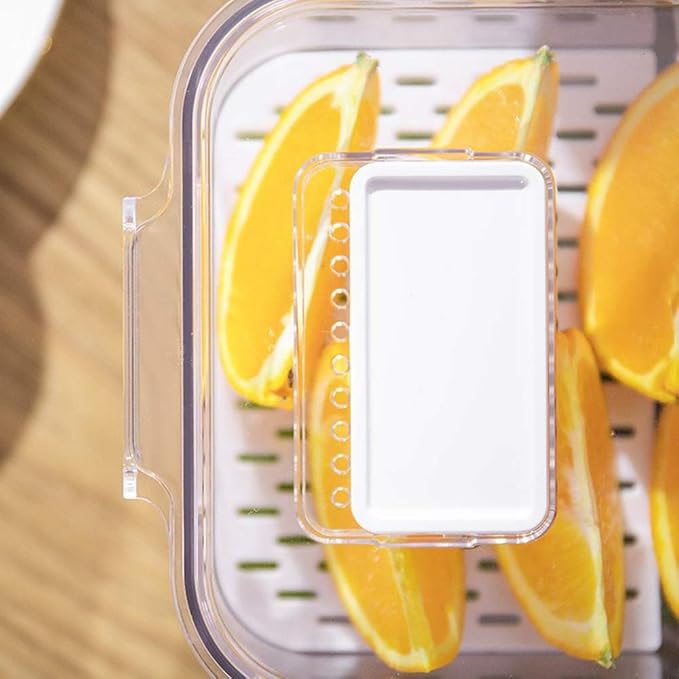 SANNO Vegetable Fruit Storage Containers, Food Storage Containers Fridge Produce Save, Stackable Refrigerator Organizer Keeper Drawers Bins Baskets with Lids and Removable Drain Tray