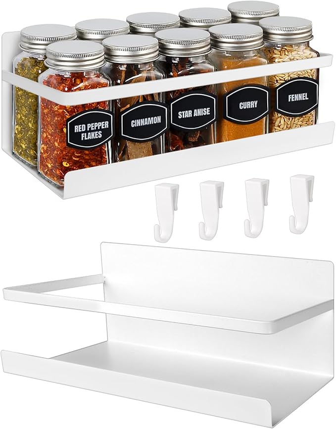 Magnetic Spice Rack for Refrigerator, 2 Pack Magnetic Shelf Fridge Organizer for Spice Jars, Magnet Shelves Seasoning Spice Holder with 4 Hooks for Kitchen White Board Pantry Organizers and Storage