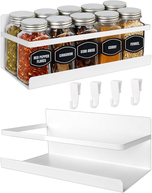 Magnetic Spice Rack for Refrigerator, 2 Pack Magnetic Shelf Fridge Organizer for Spice Jars, Magnet Shelves Seasoning Spice Holder with 4 Hooks for Kitchen White Board Pantry Organizers and Storage