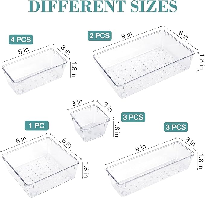 WOWBOX 13 PCS Clear Plastic Drawer Organizer Set, 5 Sizes Desk Drawer Divider Organizers and Storage Bins for Makeup, Jewelry, Gadgets for Kitchen, Bedroom, Bathroom, Office