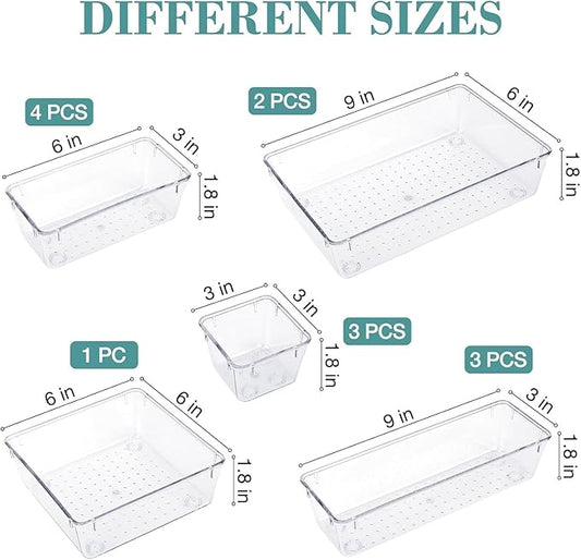 WOWBOX 13 PCS Clear Plastic Drawer Organizer Set, 5 Sizes Desk Drawer Divider Organizers and Storage Bins for Makeup, Jewelry, Gadgets for Kitchen, Bedroom, Bathroom, Office