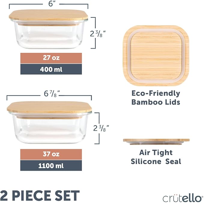 Crutello Glass Storage Containers with Bamboo Lids - Eco-Friendly Non Toxic Meal Prep Jars with Wooden Lid for Fridge and Kitchen Organization - Non Plastic Container for Fruit Bowls 2 Pack