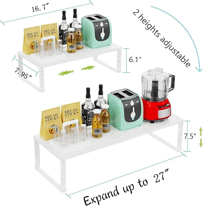 Expandable Cabinet Shelf Organizer Storage Spice Rack Shelves for Kitchen Stackable Adjustable Pantry Cupboard Bathroom Countertop Desktop(2Packs/White/Medium-with Hole)