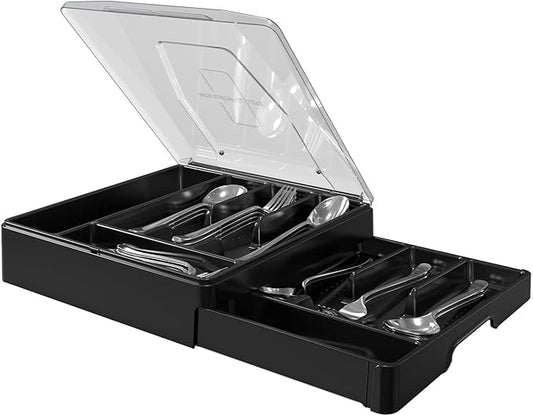 Double Layer Silverware Tray with Lid, Utensil Holder for Countertop Flatware Organizer for Kitchen Drawers with 2 Tier Cutlery Tray and 9 Compartments Silverware Storage Bin (Black)