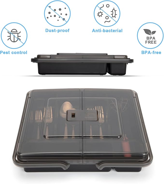 Portable Utensil Holder for Countertop with Lid & Handle, Plastic Silverware Tray for Drawer Flatware Organizer, Black