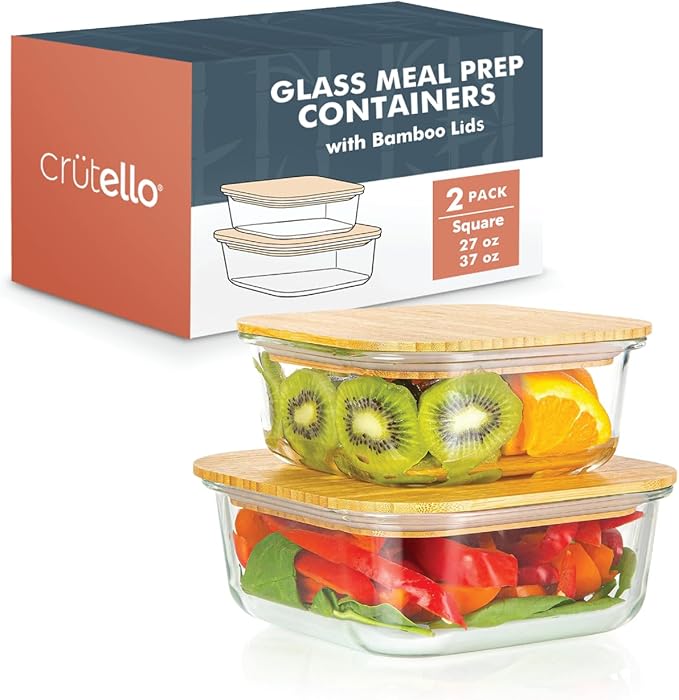 Crutello Glass Storage Containers with Bamboo Lids - Eco-Friendly Non Toxic Meal Prep Jars with Wooden Lid for Fridge and Kitchen Organization - Non Plastic Container for Fruit Bowls 2 Pack