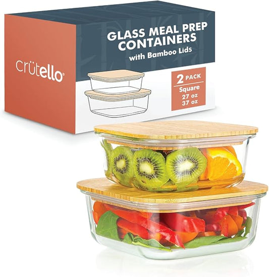 Crutello Glass Storage Containers with Bamboo Lids - Eco-Friendly Non Toxic Meal Prep Jars with Wooden Lid for Fridge and Kitchen Organization - Non Plastic Container for Fruit Bowls 2 Pack