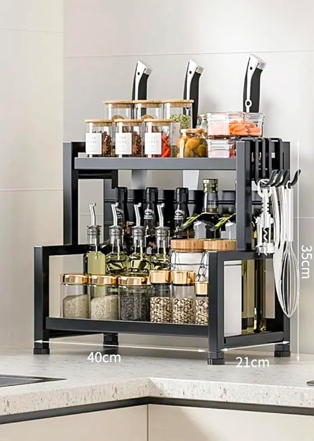 Multi-Functional Stainless Steel Spice and Knife Storage Organizer, Cutting Board, Utensil Organizer, Hooks, 2 Levels of Spice Shelves for pantry, Counter Shelf, Cubinet, Dining,Bathroom