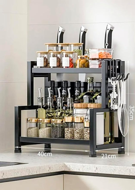Multi-Functional Stainless Steel Spice and Knife Storage Organizer, Cutting Board, Utensil Organizer, Hooks, 2 Levels of Spice Shelves for pantry, Counter Shelf, Cubinet, Dining,Bathroom