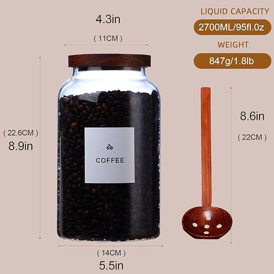 2 PCS Large Glass Jar with Airtight Wooden Lid Clear Glass Canisters with Spoon for Egg,Flour,Rice,Coffee,Cereal (2700ml × 2)