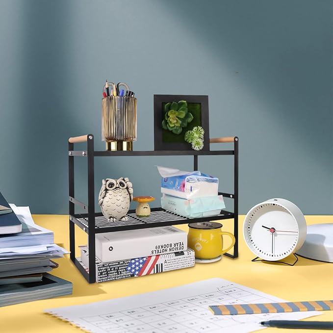 2-Tier Kitchen Countertop Shelf, Iron and Wooden Construction, 16.1 x 8.3 x 12.8 Inches, Black Color, Ideal for Organizing Kitchen Items