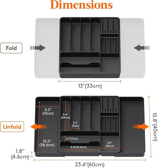 Lifewit Silverware Organizer for Kitchen Drawers, Expandable Utensil Tray with Removable Knife Block, Adjustable Cutlery and Flatware Holder, Plastic Spoon Forks Holder Storage Divider, Large, Black