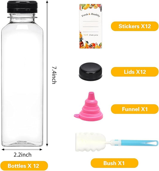Moretoes 81pcs 16oz Plastic Juice Bottles with Caps, Clear Empty Reusable Bottles with Brush Funnel and Labels for Smoothies and Other Beverages