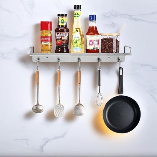 Spice Holder Rack Wall Mounted, Pots Pans Cups Hanger 16 Inch With 5 Hooks-Heavy Duty Small Kitchen Organizer - 304 Stainless Steel Shelf Coffee Mugs Storager for Glass Jars Bottles Utensil Cookware