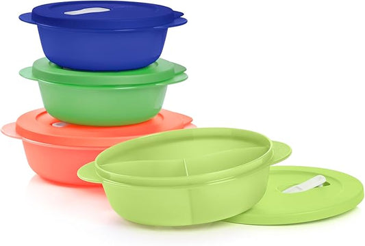 Tupperware CrystalWave PLUS 4 Piece Round Food Storage Container Set in Multi Colors, Dishwasher Safe and BPA Free (4 Bowls, 4 Lids)