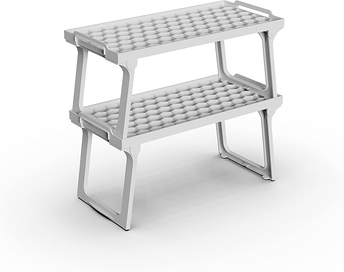 ums Kitchen Cabinet Shelf Organizers, White Plastic Stackable Freezer Rack, Shelf Riser, Usable Storage Rack for Your Spice, Refrigerator, Pantry (12 X 5.5 inch) Fridge Shelf Riser Pack of 2