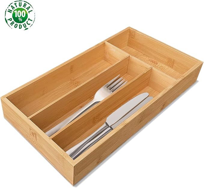 Bamboo Silverware Organizer, Kitchen Drawer Organizer, Silverware Utensil Tray Holder for Flatware Cutlery Knives, Forks, Spoons (4-Slots) (Natural)