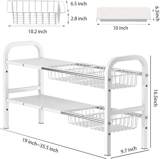 Under Sink Organizer，2 Tier Expandable Heavy Duty Metal Shelf，with 5 Removable Panels and 5 Storage Basket for Under Kitchen Bathroom Sink Organizers and Storage(White, Large)