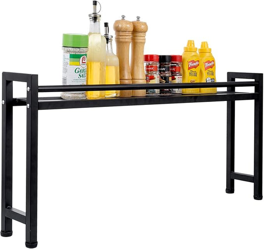 MyGift 33 Inch Wide Over The Stove Top Spice Shelf, Industrial Black Metal Stovetop Range Display Rack, Space Saving Kitchen Counter Storage Organizer Stand