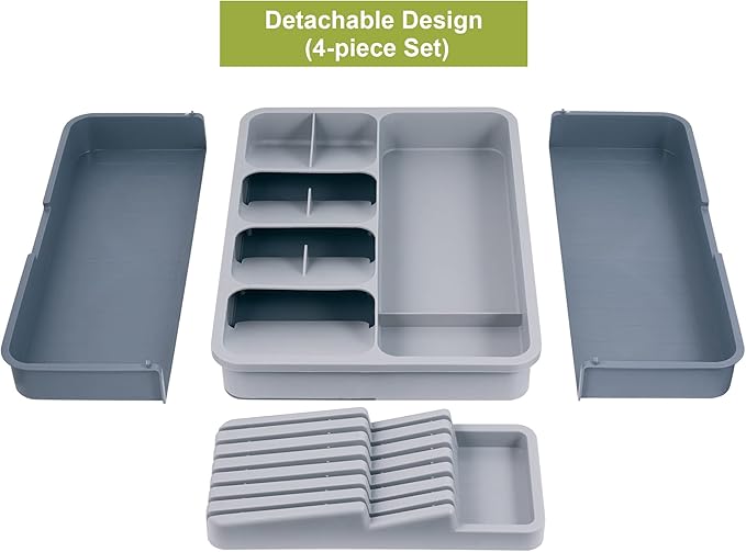 Kitchen Utensil Drawer Organizer, Removable 2-Tier Knife Holder, Expandable Cutlery Tray for Silverware, Flatware and Utensils, Large Kitchen Drawer Dividers for Spoons, Forks, Knives, Gray