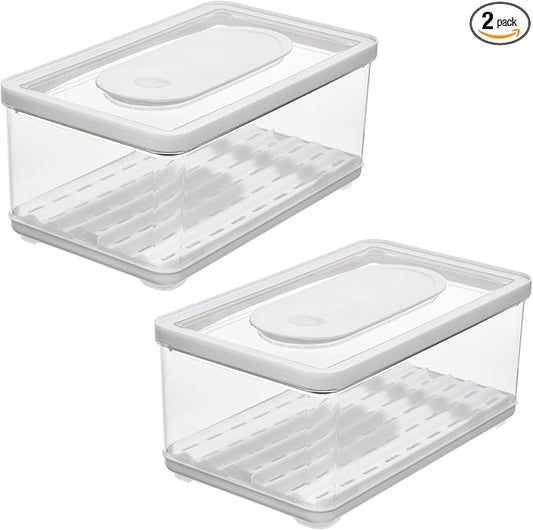 iDesign Large Fridge Produce Bin with Removable Drainage Tray and Lid - Set of 2 - Clear