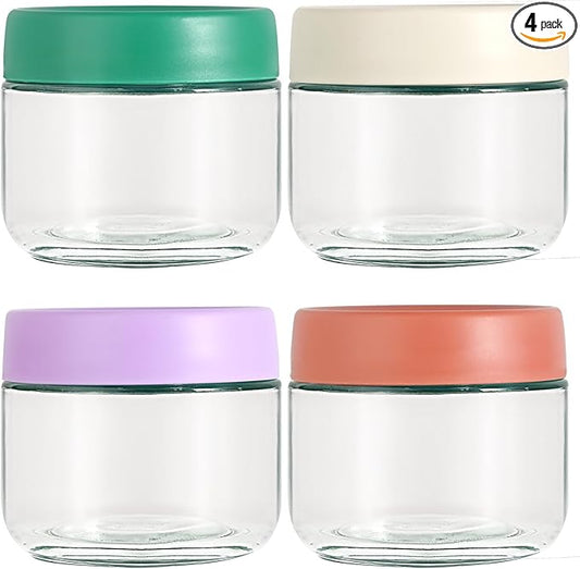 Hoa Kinh Glass Food Storage Jars with Lids, 10oz 4Pack Leak Proof Small Glass Jars for Overnight Oats, Cereal, Clear Empty Glass Jars with Lids for Kitchen(Red, Green, Purple and White)