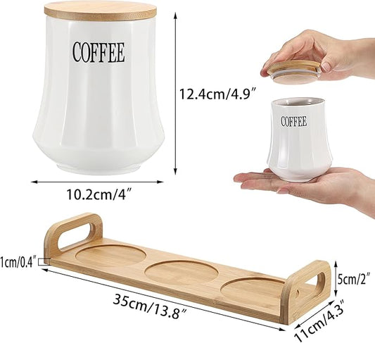 JUXYES Set of 3 Ceramic Canisters Set for Sugar Coffee Tea, Luxurious Storage Containers Sets with Serving Tray Decorative Storage Pots White Ceramic Storage Jar for Kitchen Counter Dining Room