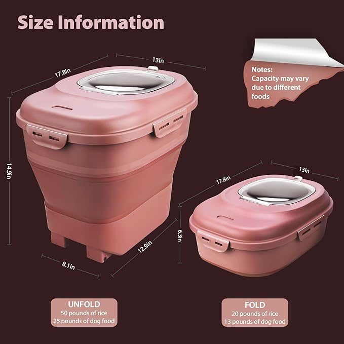 Large Rice Storage Container, 20lb to 50lb Collapsible Dry Food Storage Bins with Flip Lid and Rolling Wheel, Kitchen Organization Pantry to Store Cereal Flour, Dog Cat Food Storage Container