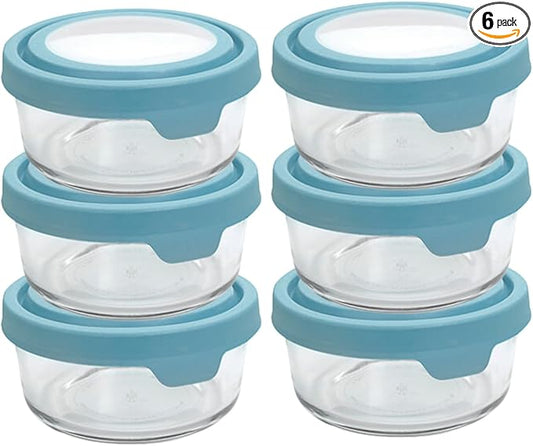 Anchor Hocking 2 Cup Glass Storage Containers with Lids, Set of 6 Glass Food Storage Containers with Mineral Blue TrueSeal Lids