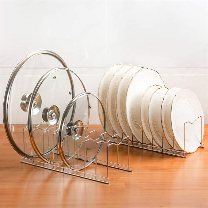 SANNO Pot Lid Holder Organizer, Rack Holder Rest Storage, for Pot Lids, Plates, Cutting Boards, Bakeware, Cooling Rack, Serving Trays, Total 8 Compartments, Stainless Steel