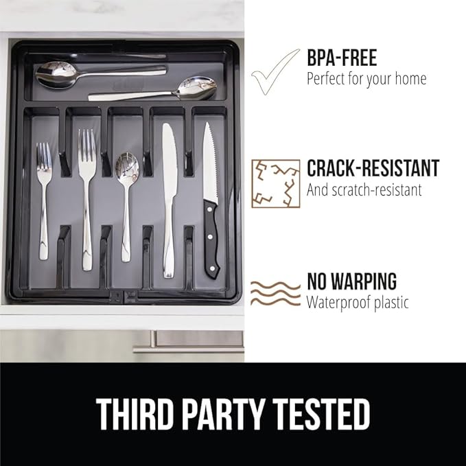 GORILLA GRIP Expandable Rubber Lined Silverware Organizer for Kitchen Drawers, Grip Feet to Stay in Place, Utensil Drawer Tray, Maximize Flatware Storage, BPA-Free Adjustable Cutlery Holder, Black