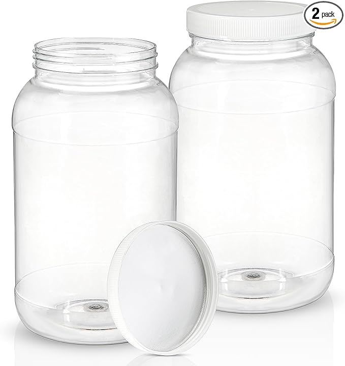 ZOOFOX 2 Pack Plastic Jars with Lids, 1 Gallon Wide Mouth Storage Containers, Empty Plastic Jars for Kitchen & Household Storage of Dry Goods, Peanut, Candy, Noodles