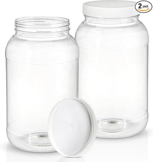 ZOOFOX 2 Pack Plastic Jars with Lids, 1 Gallon Wide Mouth Storage Containers, Empty Plastic Jars for Kitchen & Household Storage of Dry Goods, Peanut, Candy, Noodles