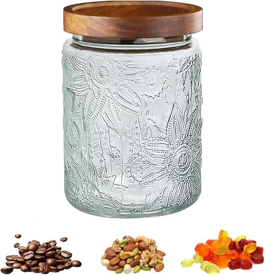 24 OZ Vintage Glass Jar with Lid, Airtight Food Storage Canisters with Bamboo for Kitchen Counter Pantry, Ideal for Coffee, Candy, Tea, Oats, Sugar, Cookies Decorative Jars-Sunflower