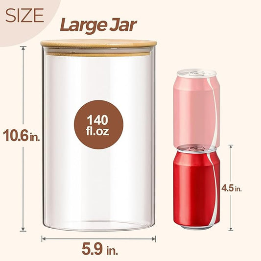 ComSaf Glass Jar with Airtight Lid (140 oz/4 liter/1.1 Gallon), Large Glass Food Storage Container with Bamboo Lid, Glass Jars with Lids for Food
