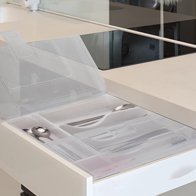 Silverware Organizer with Cover, Portable Cutlery Holder Flatware Tray with Lid Plastic Silverware Storage Box 5 Compartments for Kitchen Drawer (white)