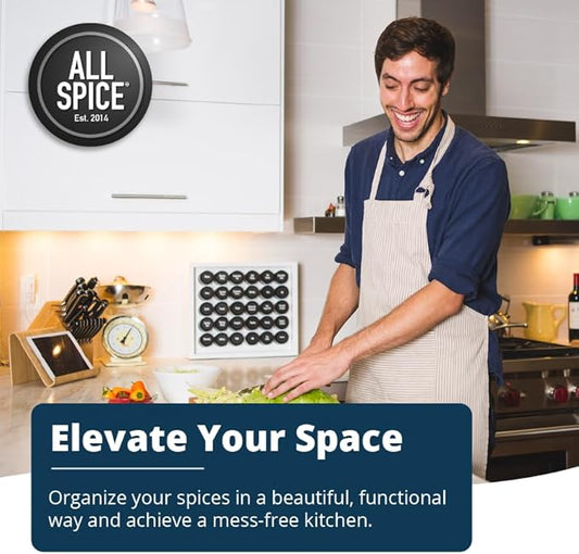 AllSpice Wood Spice Rack Organizer, 525 Unique Labels, Countertop or Wall Mount, Includes 30 4oz Jars- Matte White