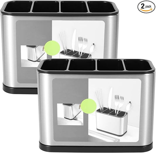 2PCS Silverware Cutlery Organizer, Stainless Steel Kitchen Utensil Holder with 4 Compartments for Counter, Caddy Organizer for Faltware Spoon Fork and Tool