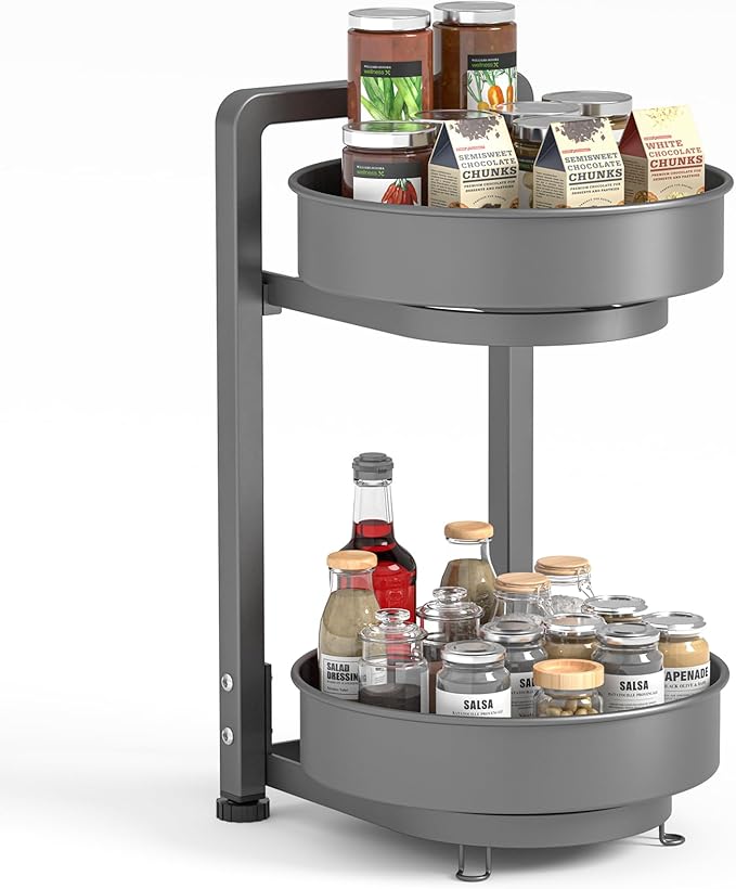 KMC Dual Spice Rack Organizer Rotating Double Tier Spice Rack Organizer for Cabinets 17.5 * 10 * 11 Inches Pantry Spice Storage for Kitchen, Bathroom, Washroom (Black)
