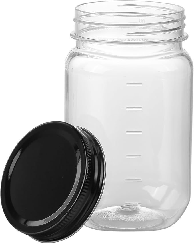 16 Ounce Clear Plastic Mason Jars With Screw On Lid, Reusable Empty Jars for Food Storage, Round BPA Free Containers for Sealing, Dry Food, Snacks, Candies, Breakage-proof, (Black - 20 Pack)